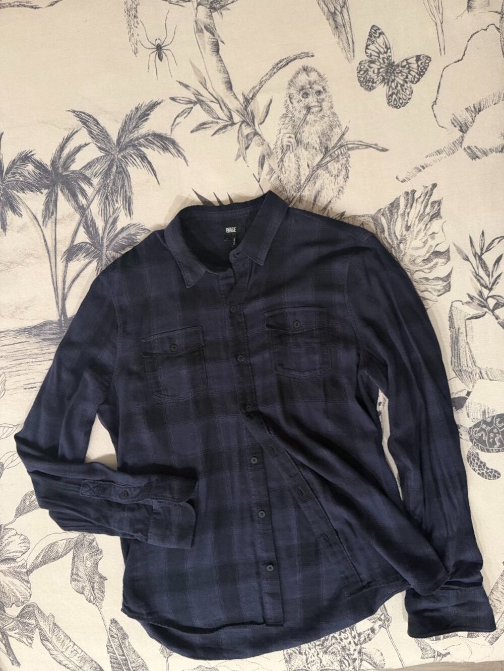 PAIGE Men's M Navy Plaid Flannel Shirt Cotton Rayon Blend Two Pocket